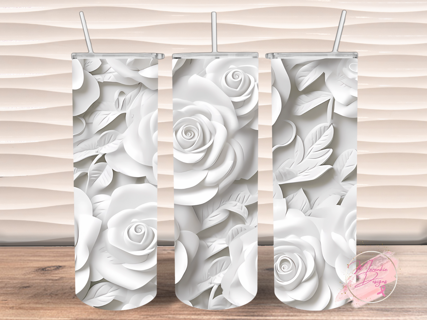 3D White Flowers Tumbler